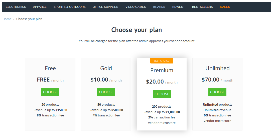 Vendor plans as they appear on the storefront.