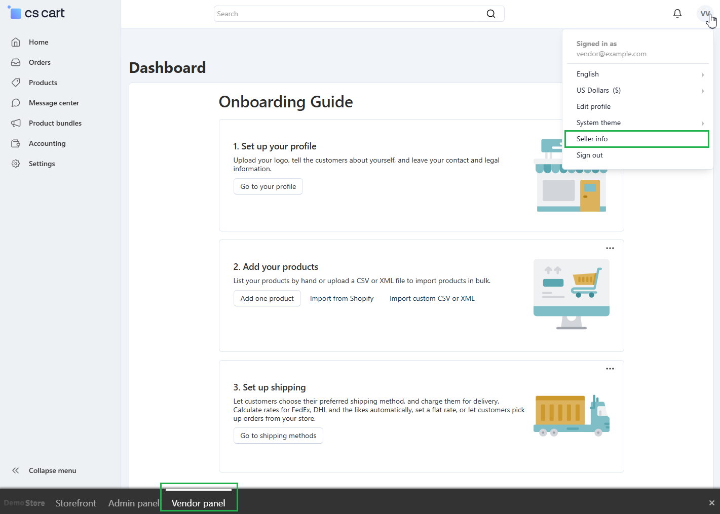 The "Seller info" option in the Vendor panel.