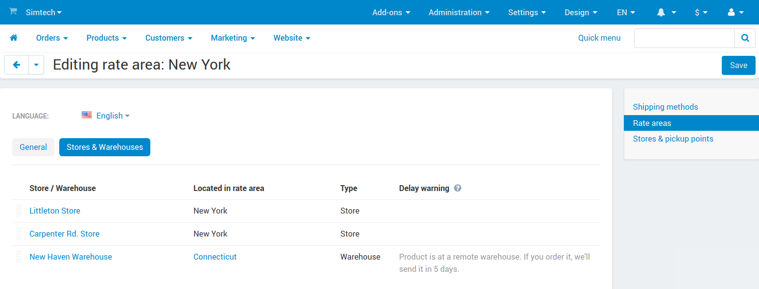 Editing the priority of warehouses for a rate area.