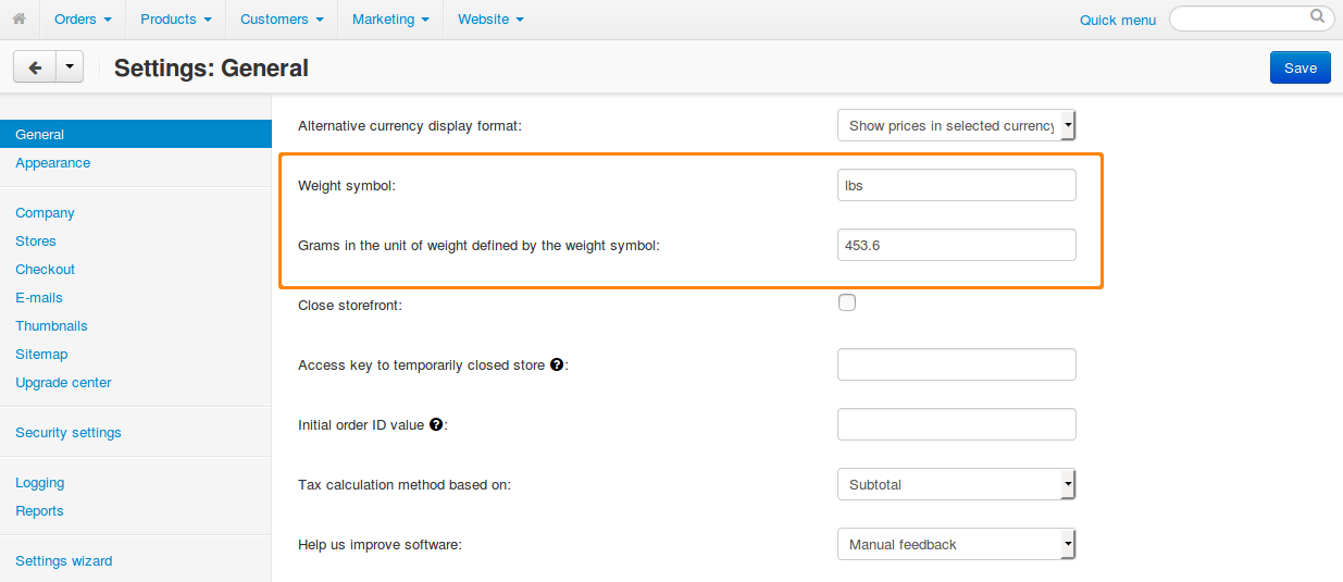 Weight measurement unit settings in CS-Cart.